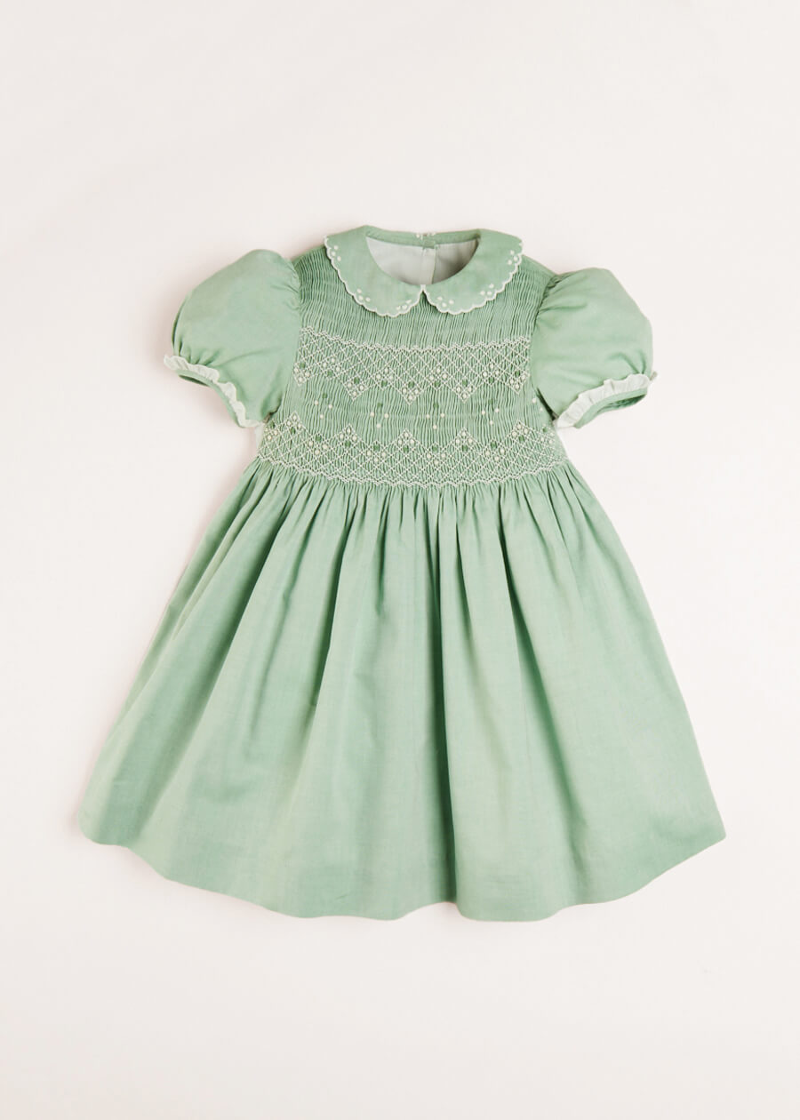 Hand Smocked Peter Pan Collar Short Sleeve Dress in Green (12mths-10yrs) Dresses  from Pepa London