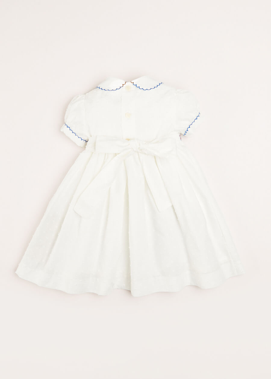 Hand Smocked Plumetti Short Sleeve Dress in White (12mths-6yrs) Dresses  from Pepa London
