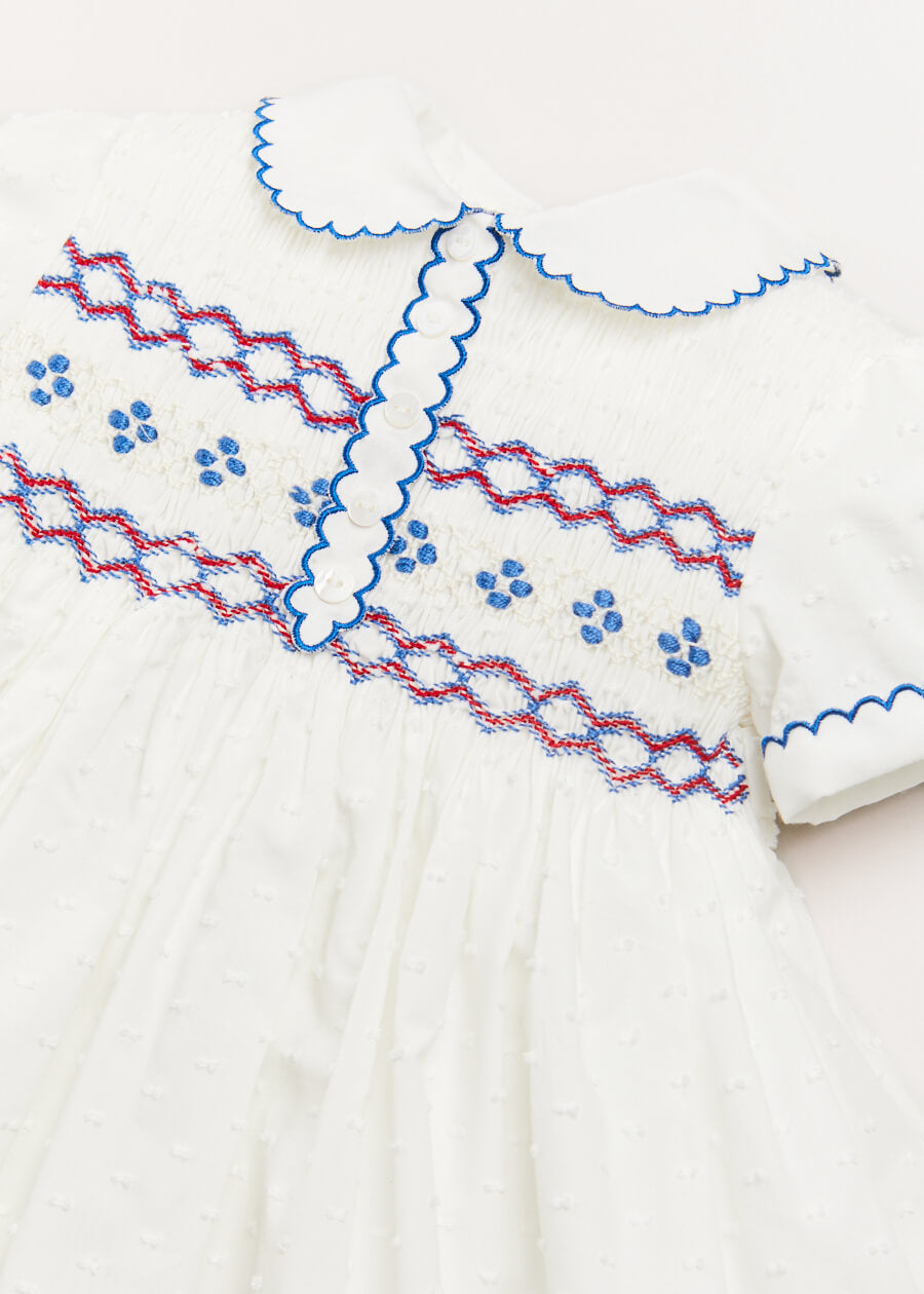 Hand Smocked Plumetti Short Sleeve Dress in White (12mths-6yrs) Dresses  from Pepa London