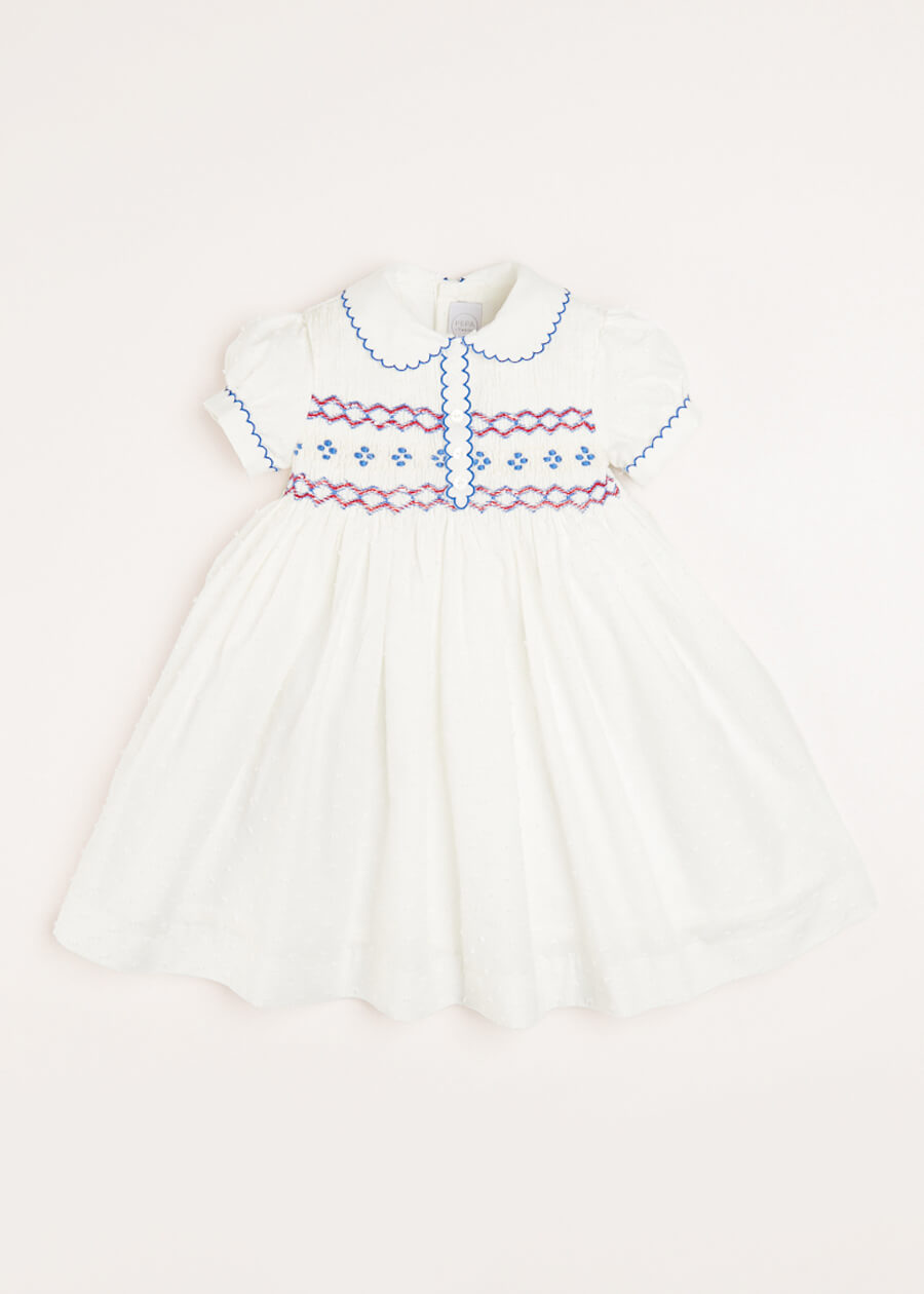 Hand Smocked Plumetti Short Sleeve Dress in White (12mths-6yrs) Dresses  from Pepa London