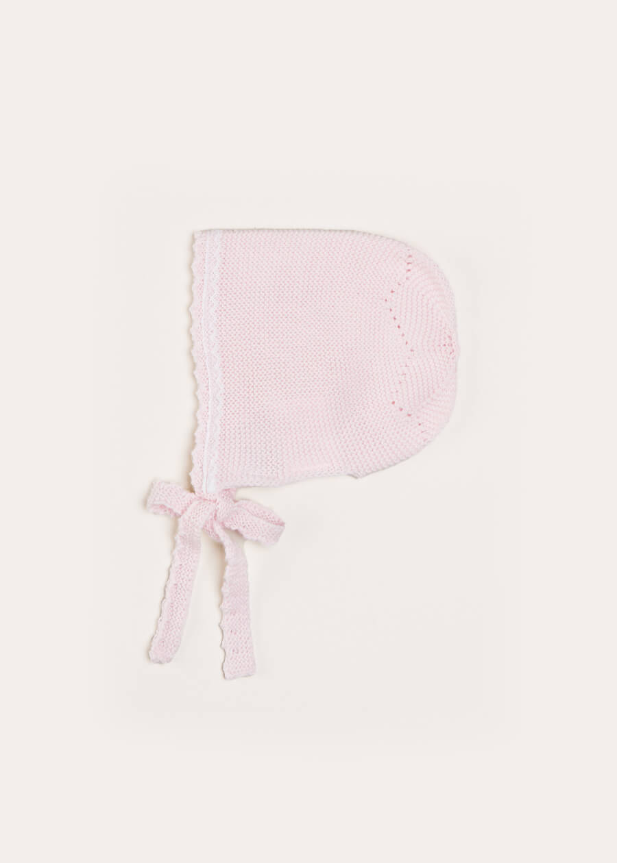 Lace Detail Knitted Bonnet in Pink (1-12mths) Knitted Accessories from Pepa London