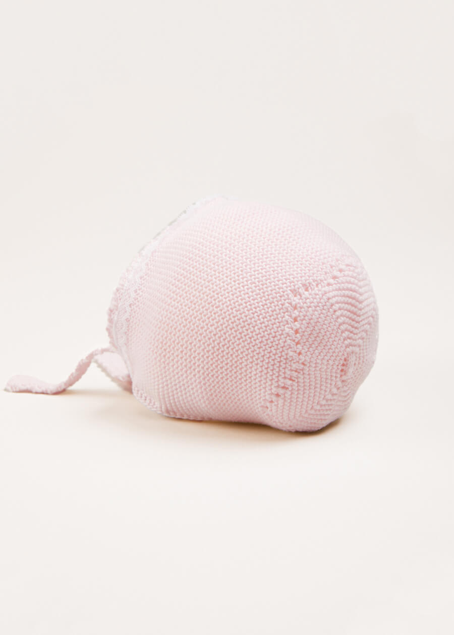 Lace Detail Knitted Bonnet in Pink (1-12mths) Knitted Accessories from Pepa London