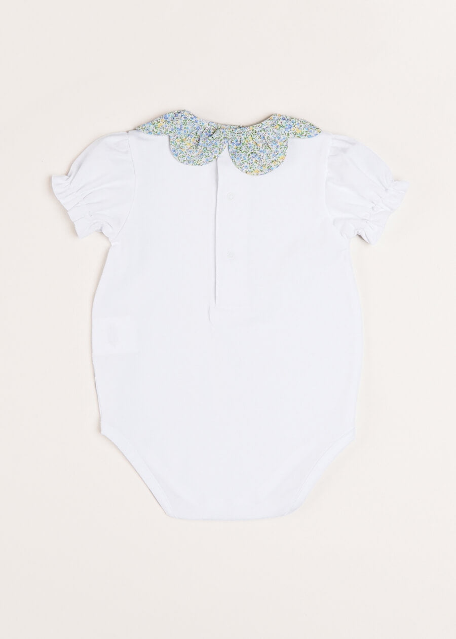 Matilda Floral Print Scallop Collar Short Sleeve Bodysuit in Green (3mths-2yrs) Tops & Bodysuits  from Pepa London