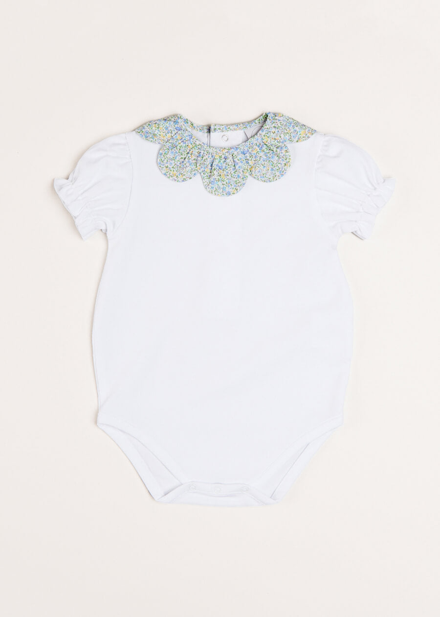 Matilda Floral Print Scallop Collar Short Sleeve Bodysuit in Green (3mths-2yrs) Tops & Bodysuits  from Pepa London