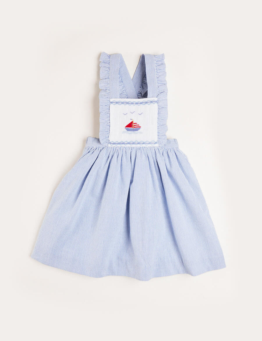 Nautical Striped Boat Embroidered Skirt with Braces in Blue (18mths-4yrs) Skirts  from Pepa London