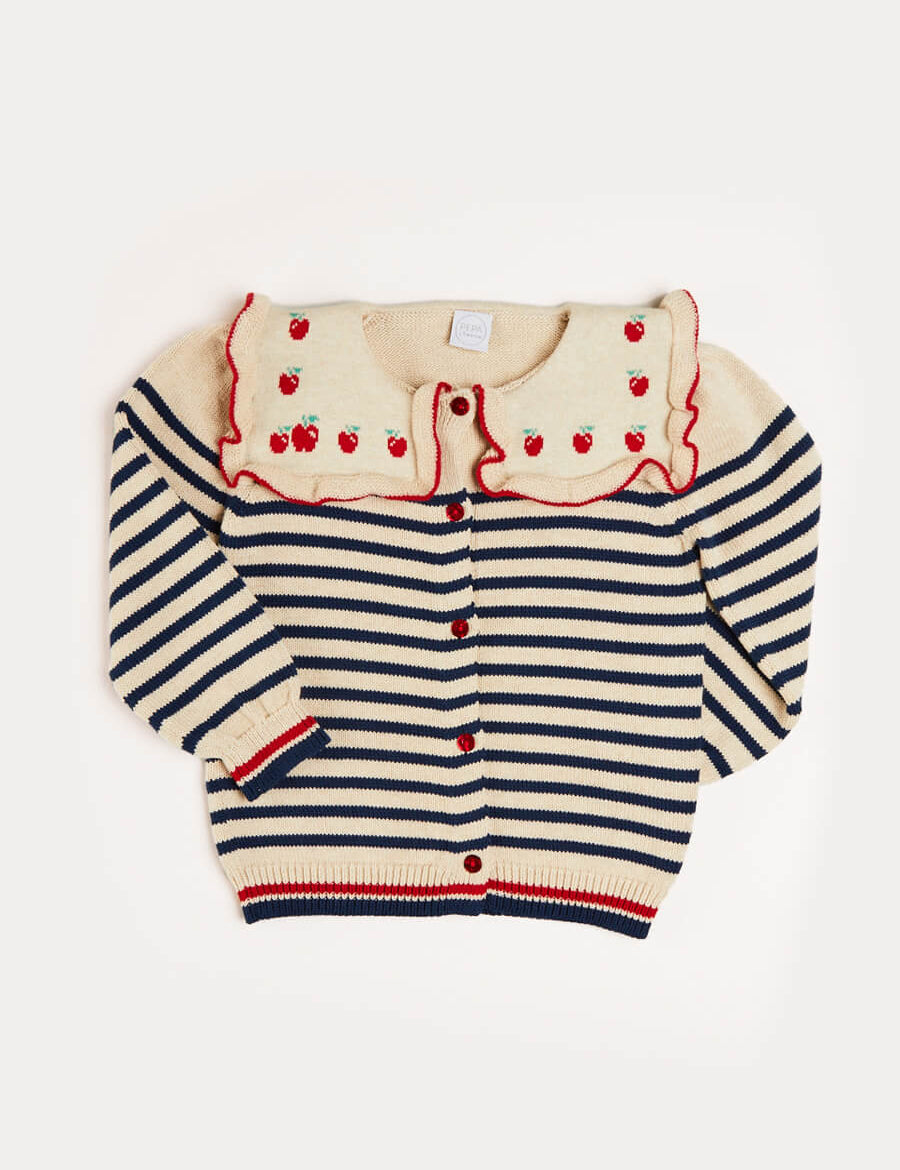 Striped Mariner Collar Apple Motif Cardigan in Beige (12mths-10yrs) Knitwear  from Pepa London