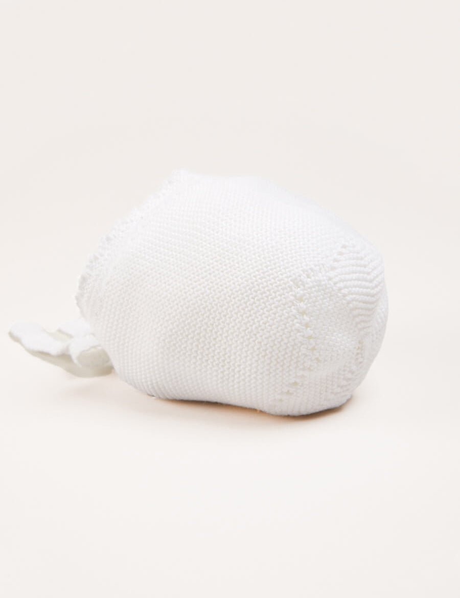 Lace Detail Knitted Bonnet in White (1-6mths) Knitted Accessories  from Pepa London