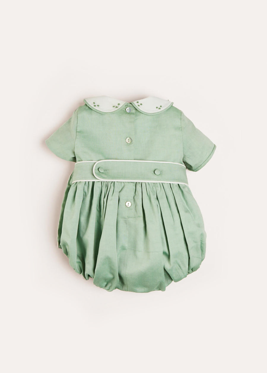 Peter Pan Collar Hand Smocked Short Sleeve Romper in Green (3mths-2yrs) Rompers from Pepa London