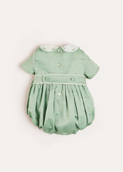 Peter Pan Collar Hand Smocked Short Sleeve Romper in Green (3mths-2yrs) Rompers from Pepa London