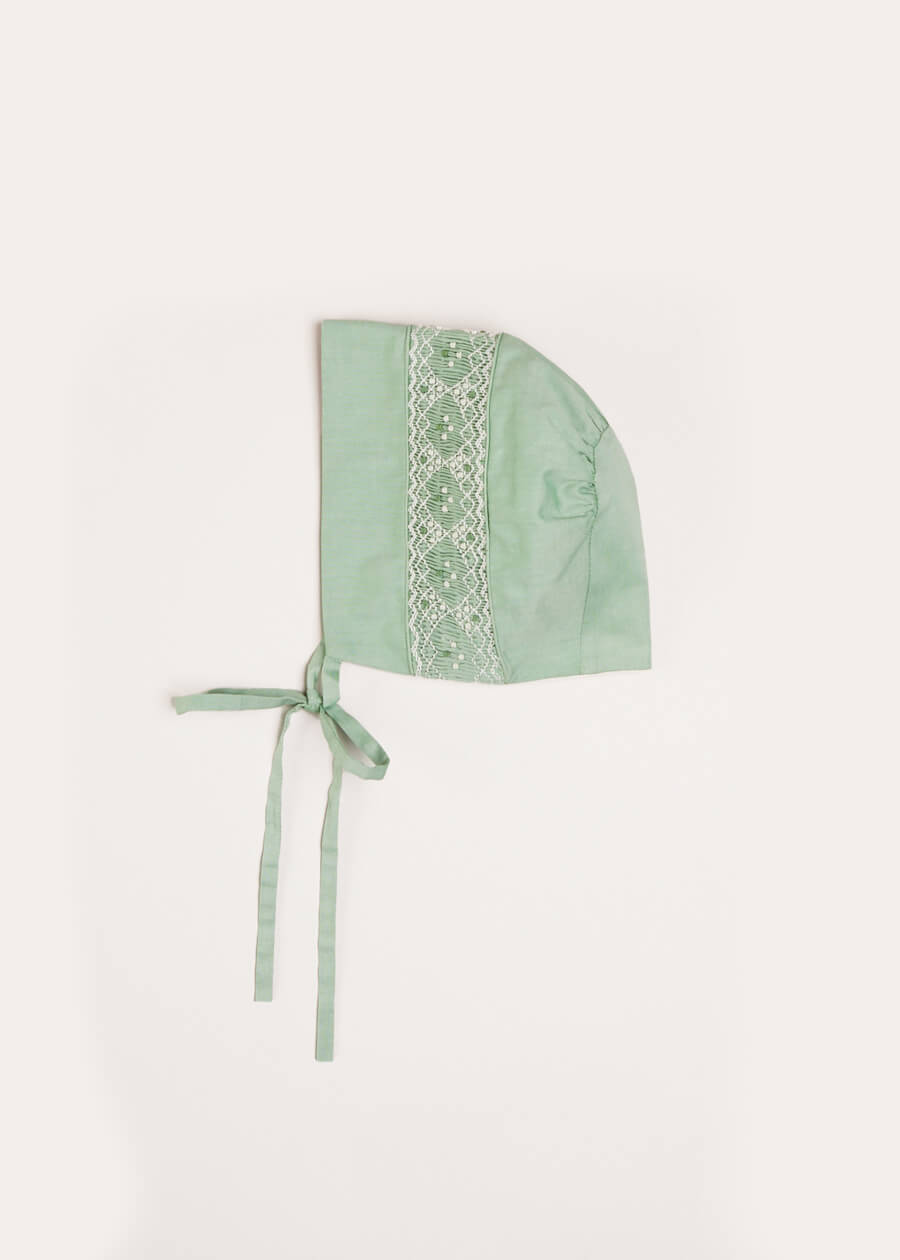 Plain Hand Smocked Bonnet in Green Knitted Accessories  from Pepa London