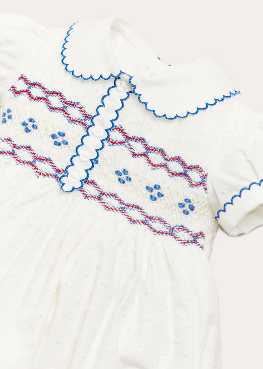 Scallop Collar Hand Smocked Short Sleeve Romper in White (6mths-2yrs) Rompers  from Pepa London