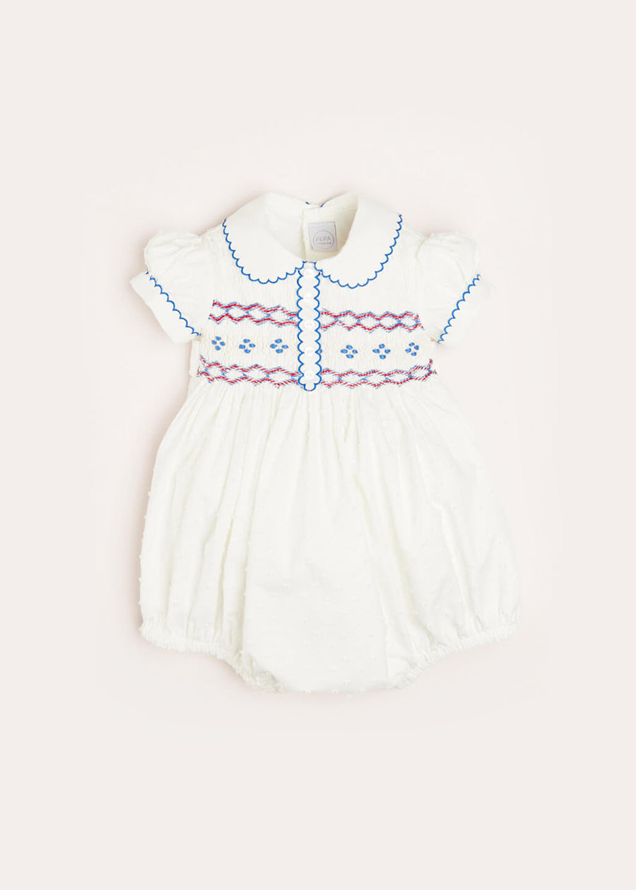 Scallop Collar Hand Smocked Short Sleeve Romper in White (6mths-2yrs) Rompers  from Pepa London