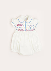 Scallop Collar Hand Smocked Short Sleeve Romper in White (6mths-2yrs) Rompers  from Pepa London