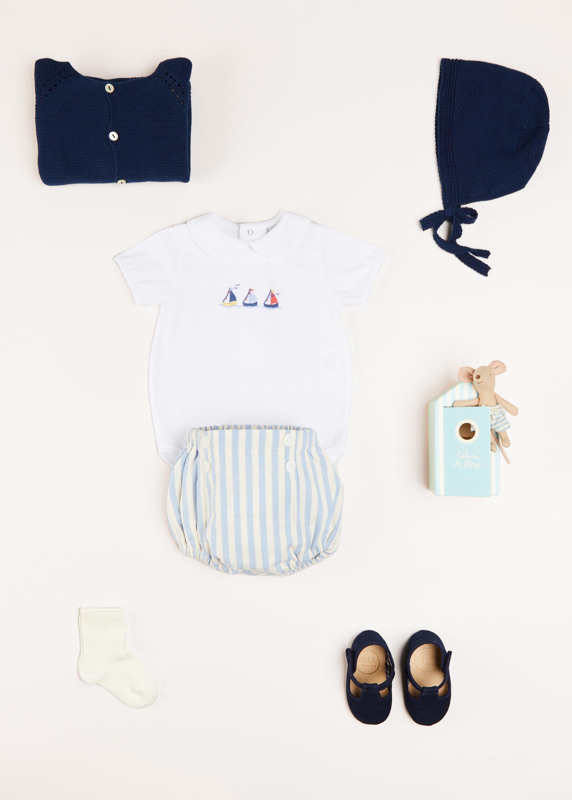 Embroidered Boat Motif Peter Pan Collar Bodysuit in White (1mth-3yrs) Tops & Bodysuits from Pepa London