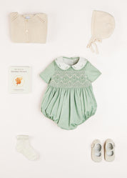 Peter Pan Collar Hand Smocked Short Sleeve Romper in Green (3mths-2yrs) Rompers from Pepa London