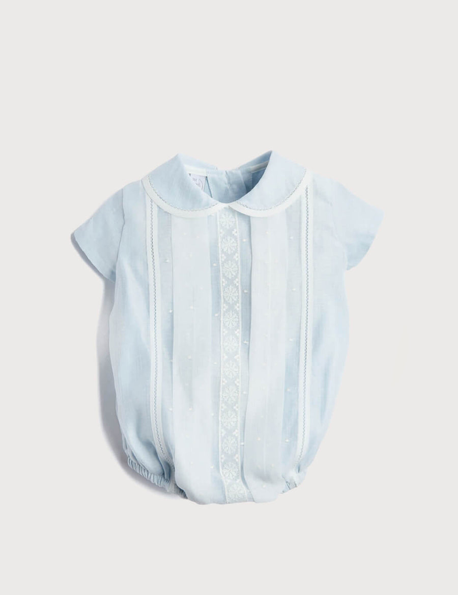 Lace Detail Peter Pan Collar Romper in Pale Blue (3mths-2yrs) Rompers  from Pepa London
