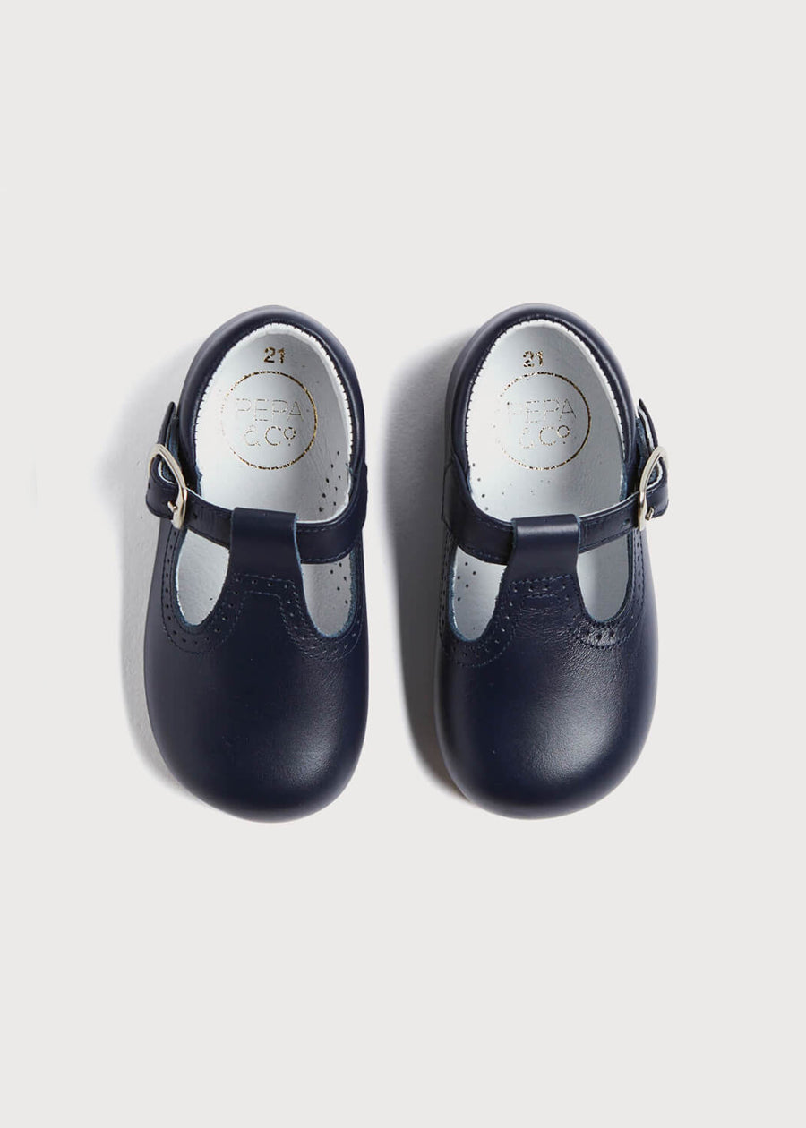 Leather T Bar Baby Shoes in Navy (20-26EU) - Main Image
