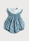 Botanical Print Hand Smocked Romper in French Blue (3-18mths) Rompers  from Pepa London