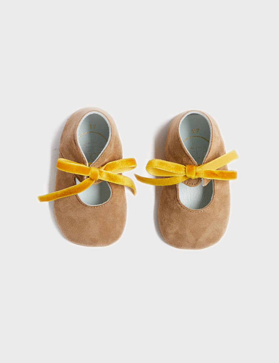 Suede Velvet Ribbon Pram Shoes in Beige (17-20EU) Shoes  from Pepa London