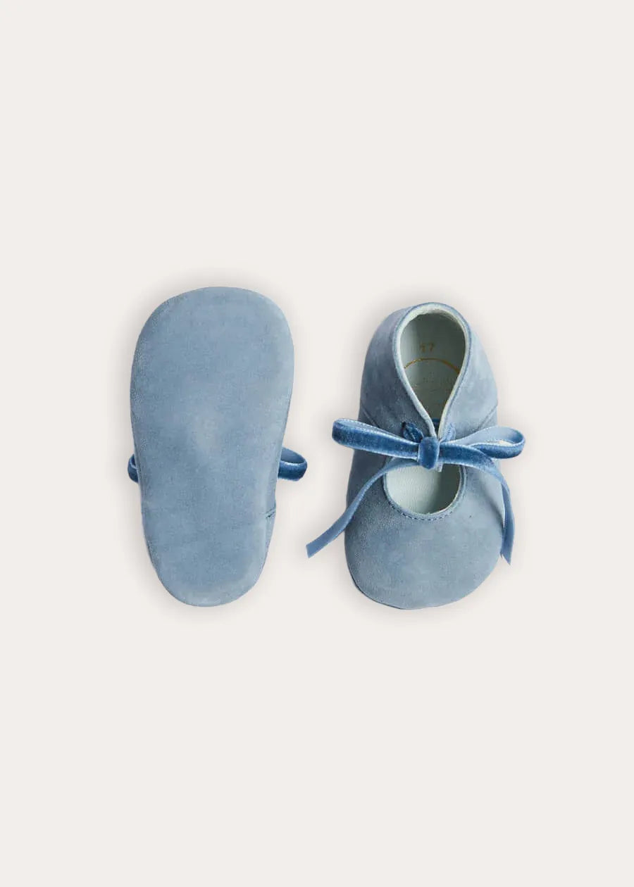 Suede Velvet Ribbon Pram Shoes in Blue (17-21 EU)