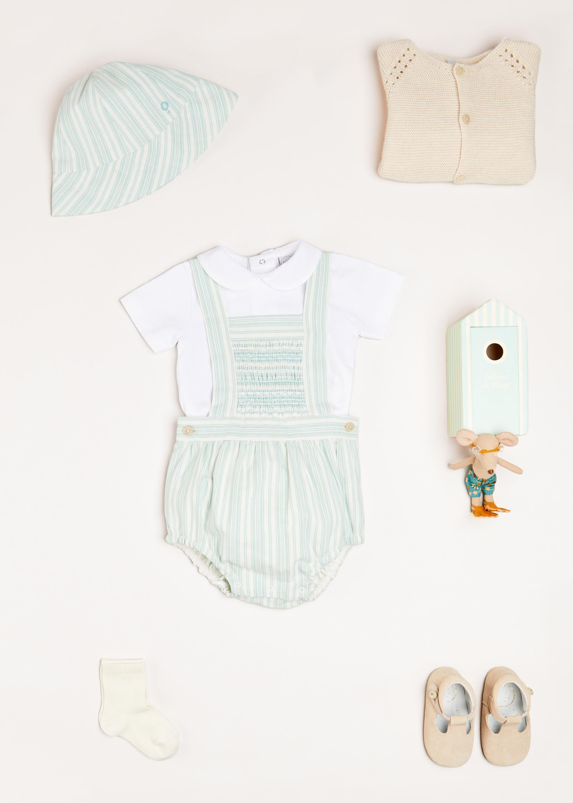 Striped Smocked Detail Dungaree Romper in Green (3-18mths) Rompers  from Pepa London