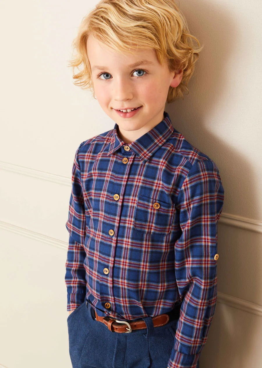 Eaton Check Polo Collar Long Sleeve Shirt in Navy (3-10yrs) Shirts  from Pepa London