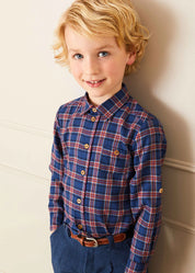 Eaton Check Polo Collar Long Sleeve Shirt in Navy (3-10yrs) Shirts  from Pepa London