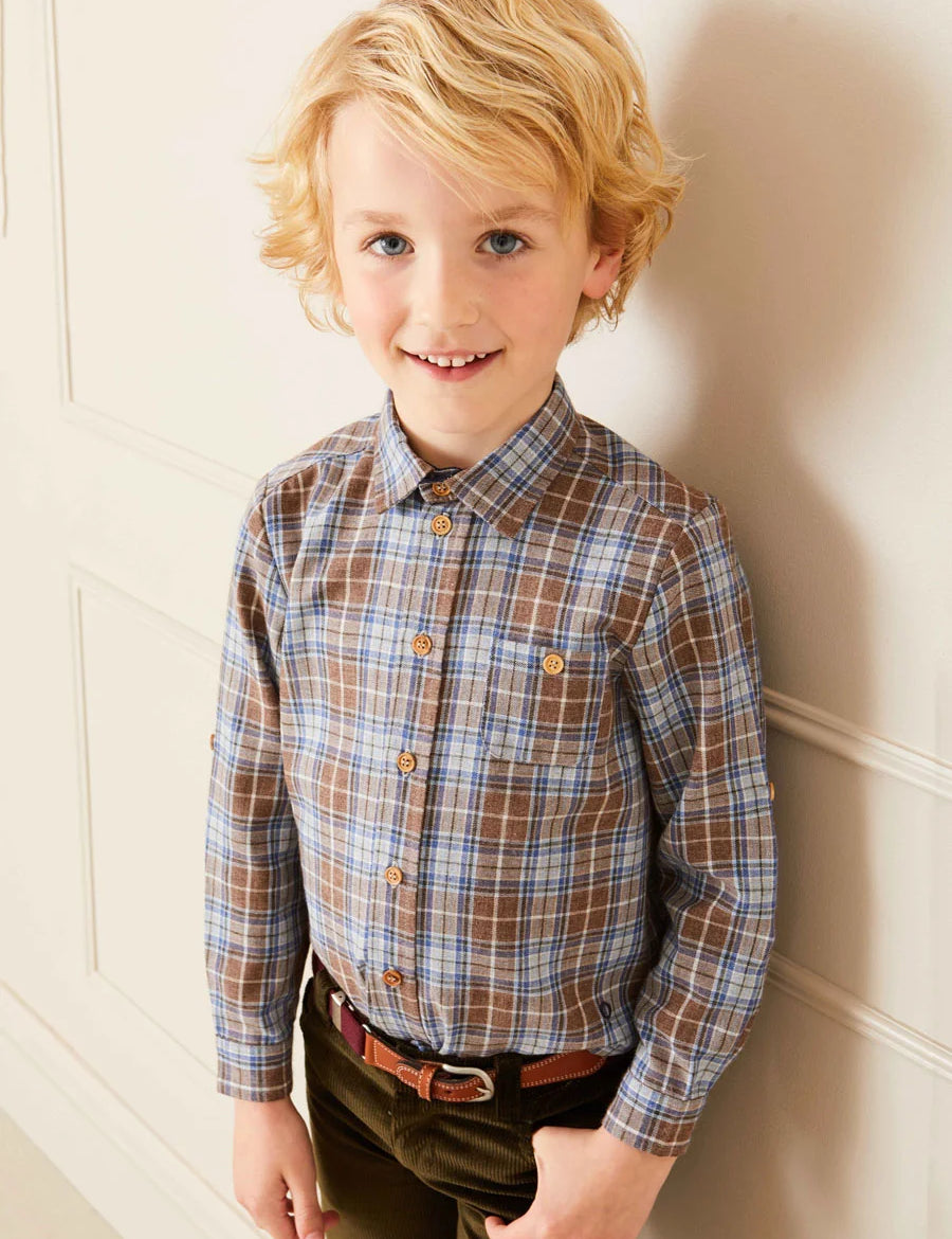 Winchester Check Polo Collar Long Sleeve Shirt in Caramel (3-10yrs) Shirts  from Pepa London