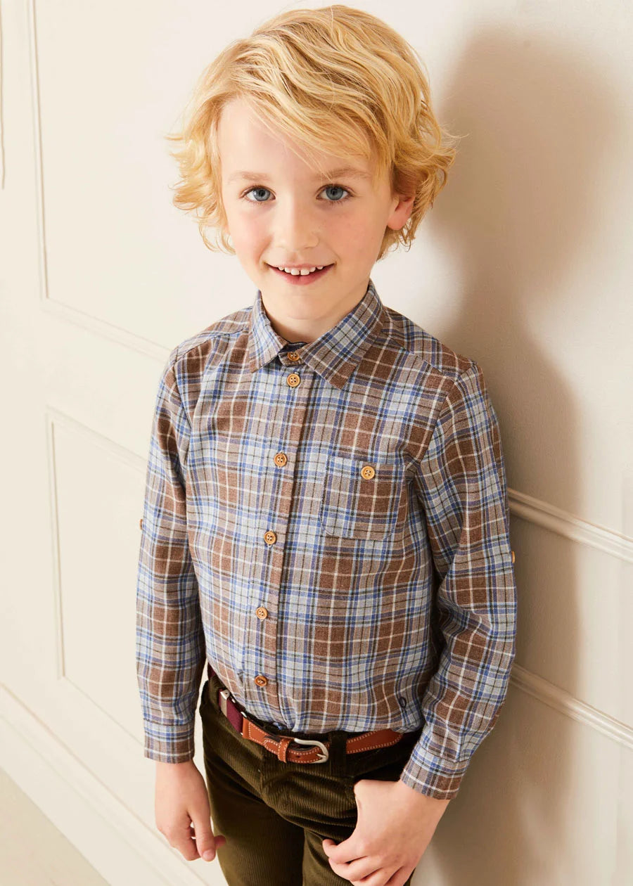 Winchester Check Polo Collar Long Sleeve Shirt in Caramel (3-10yrs) Shirts  from Pepa London