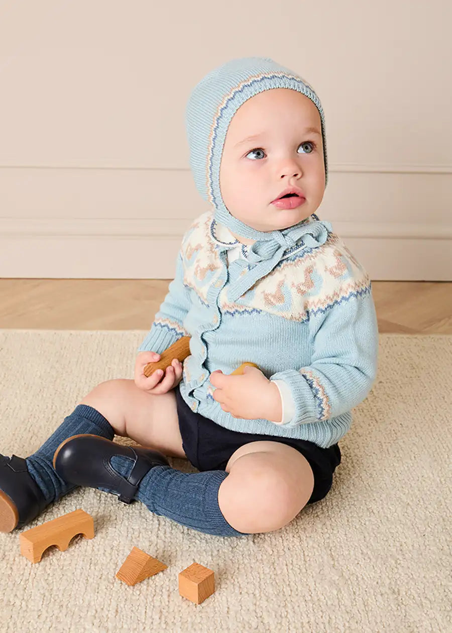 Birdie Fair Isle Knitted Bonnet in Blue (S-L) Knitted Accessories from Pepa London