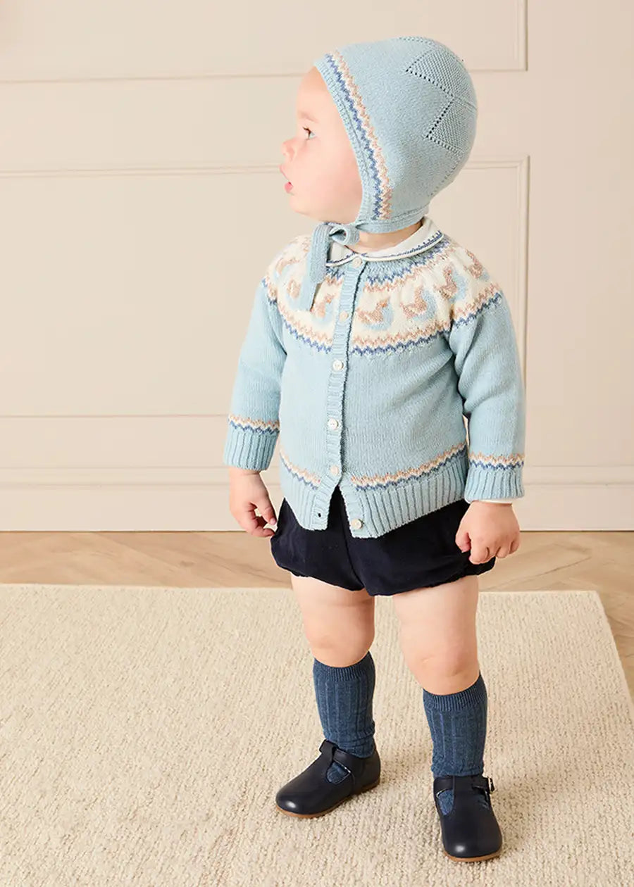 Birdie Fair Isle Knitted Bonnet in Blue (S-L) Knitted Accessories from Pepa London