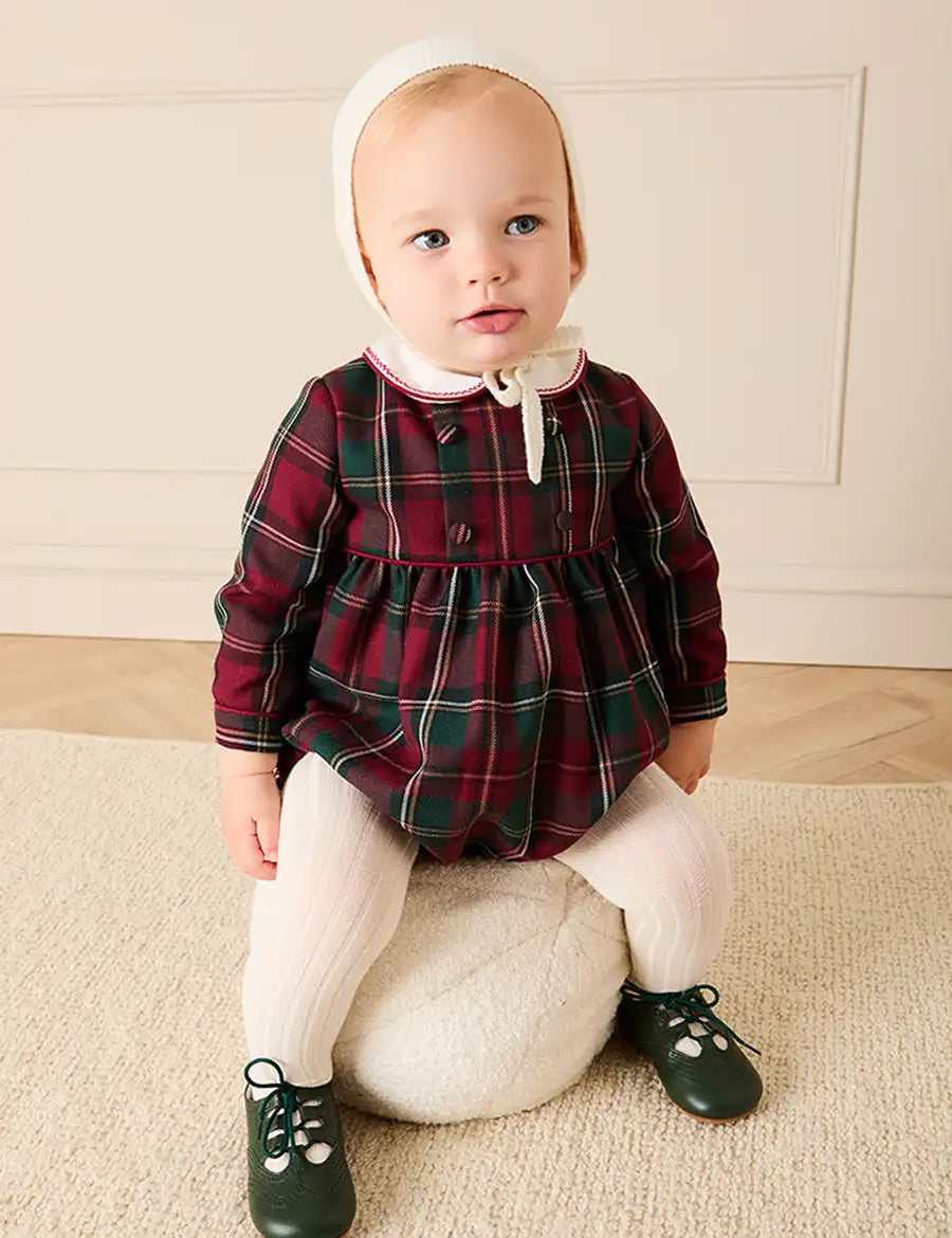 Balmoral Tartan Long Sleeve Romper in Burgundy (6mths-3yrs) Rompers from Pepa London