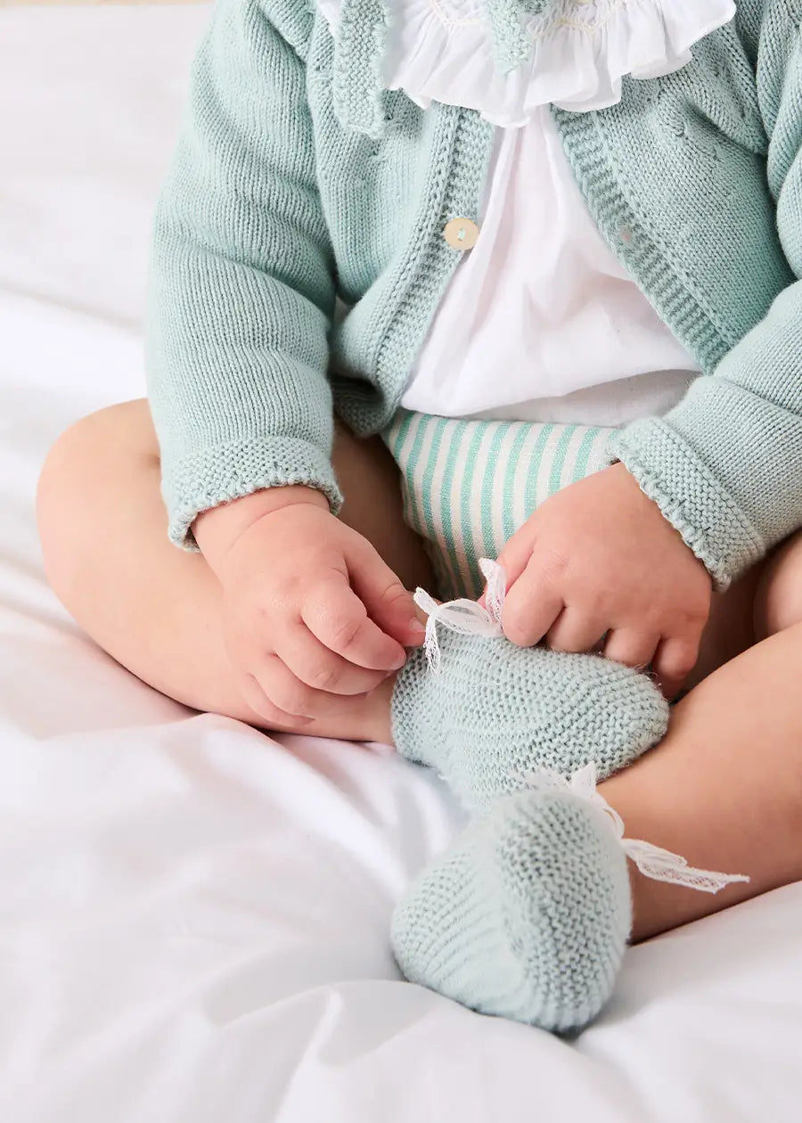 Lace Detail Knitted Booties in Sage Green (0-6mths) Shoes from Pepa London