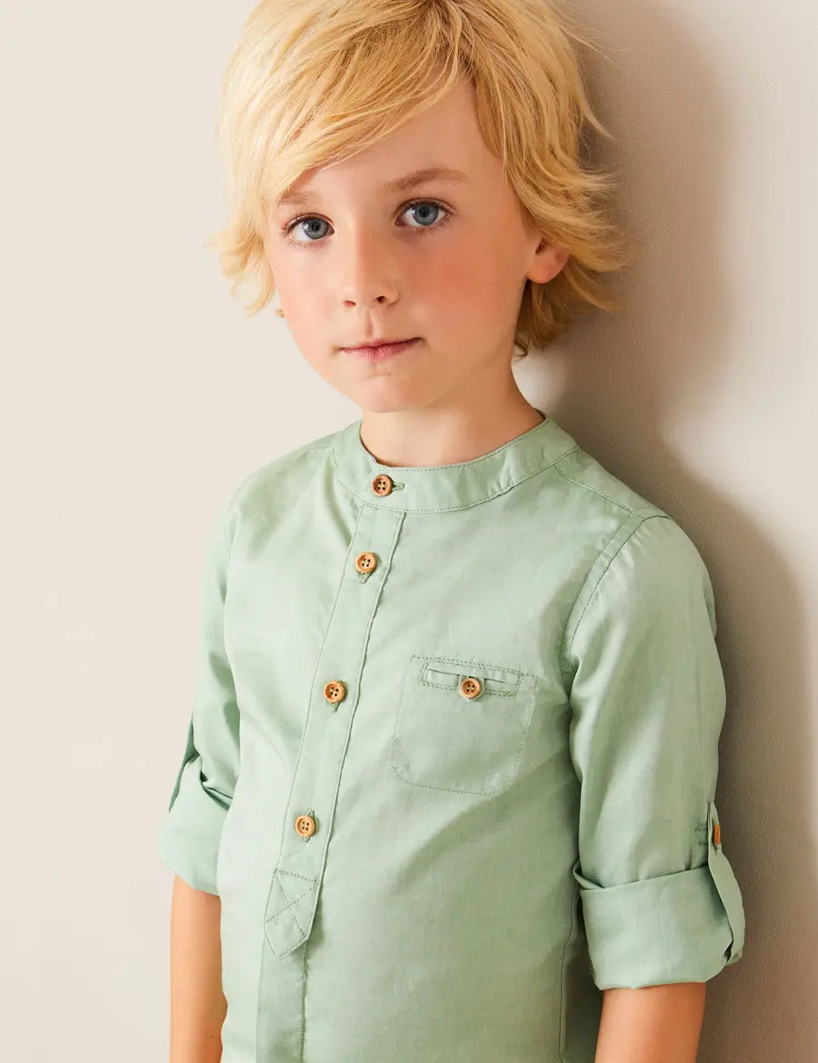 Plain Mao Collar Long Sleeve Shirt in Green (12mths-10yrs) SHIRTS from Pepa London