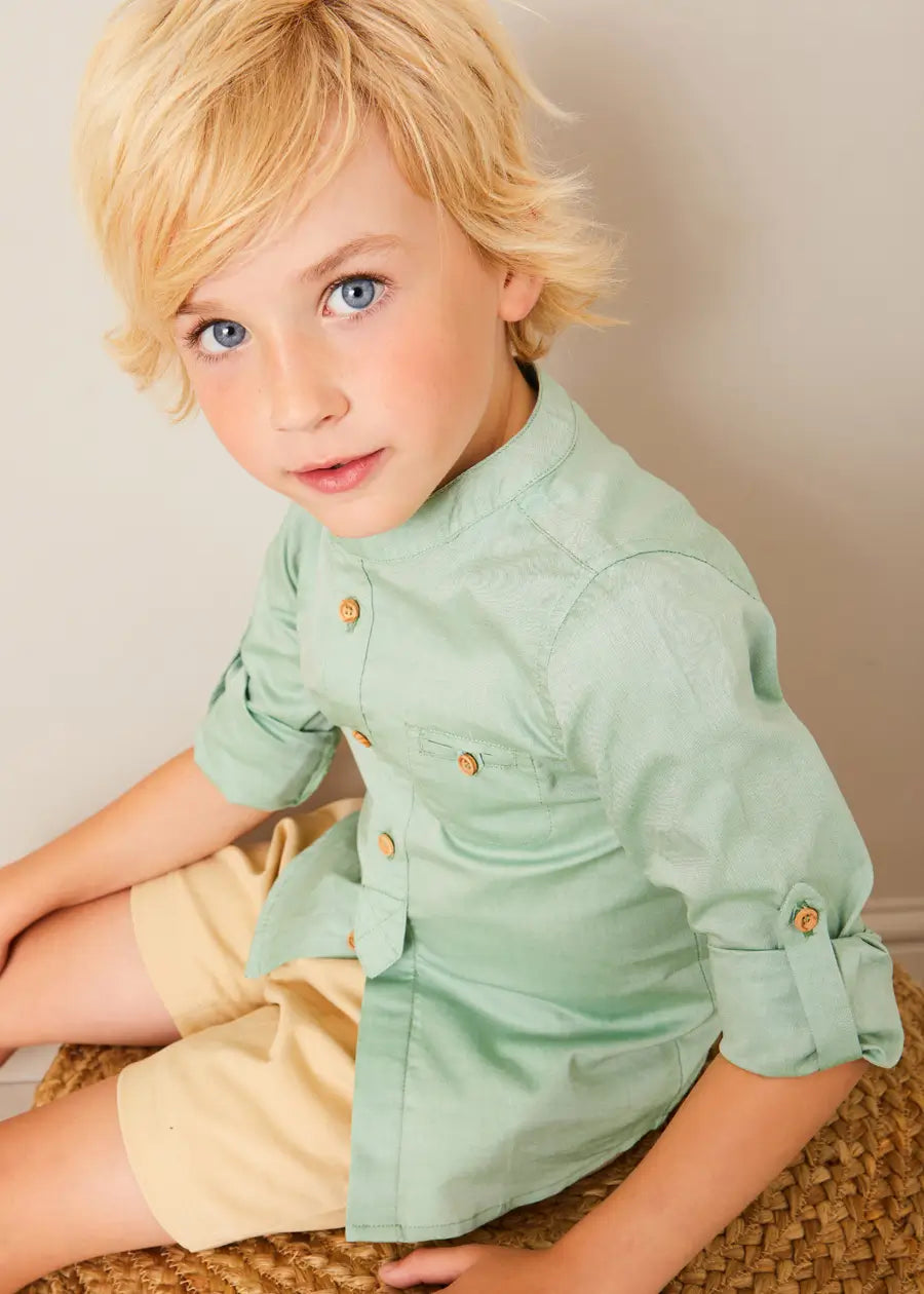 Plain Mao Collar Long Sleeve Shirt in Green (12mths-10yrs) SHIRTS from Pepa London