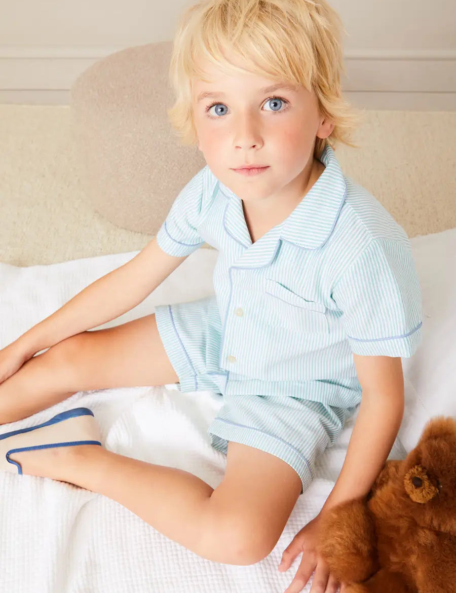 Rochester Striped Short Sleeve Pyjamas in Green (18mths-10yrs) NIGHTWEAR from Pepa London