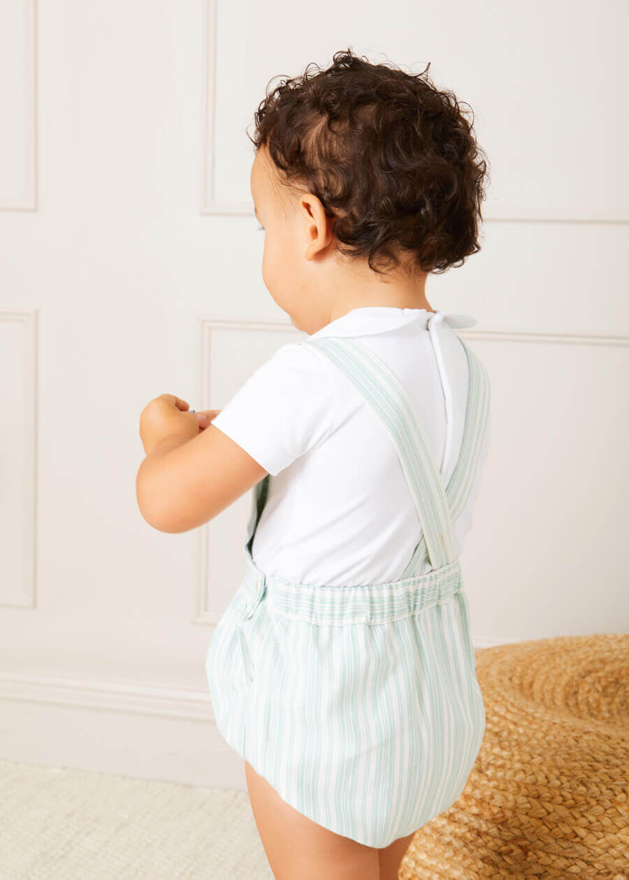 Striped Smocked Detail Dungaree Romper in Green (3-18mths) Rompers  from Pepa London