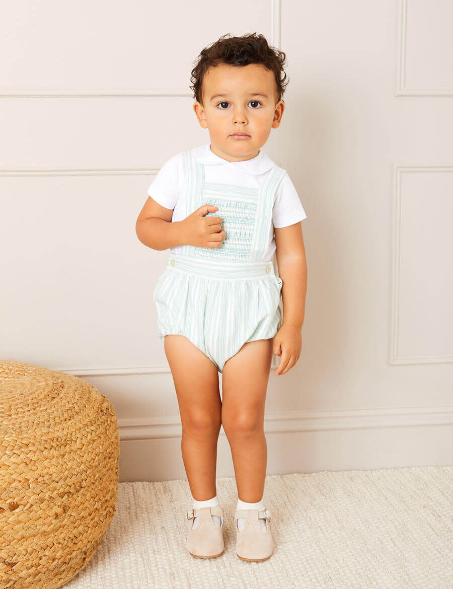 Striped Smocked Detail Dungaree Romper in Green (3-18mths) Rompers  from Pepa London