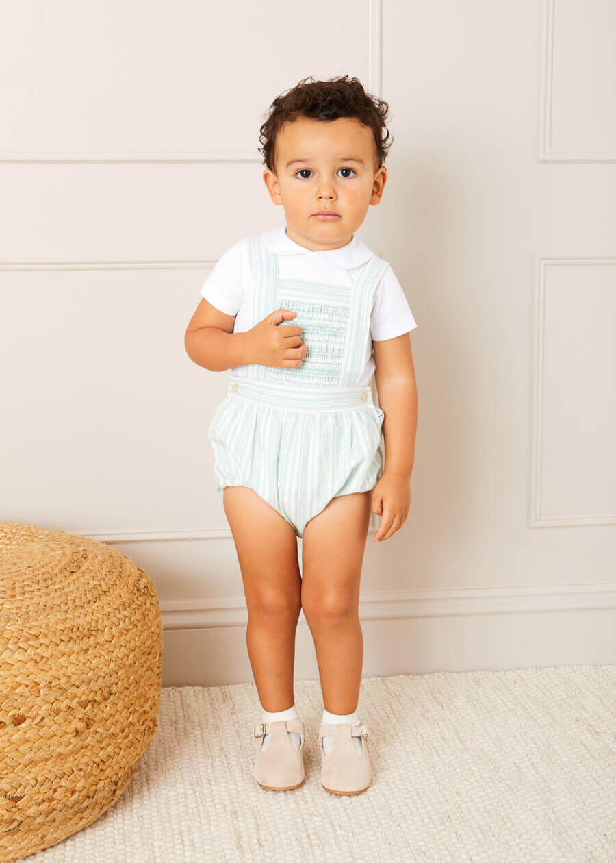 Striped Smocked Detail Dungaree Romper in Green (3-18mths) Rompers  from Pepa London
