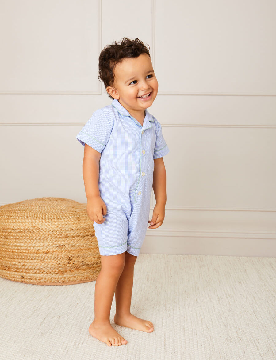 Gingham Contrast Piping Short Sleeve All-In-One in Blue (12mths-2yrs) Nightwear  from Pepa London
