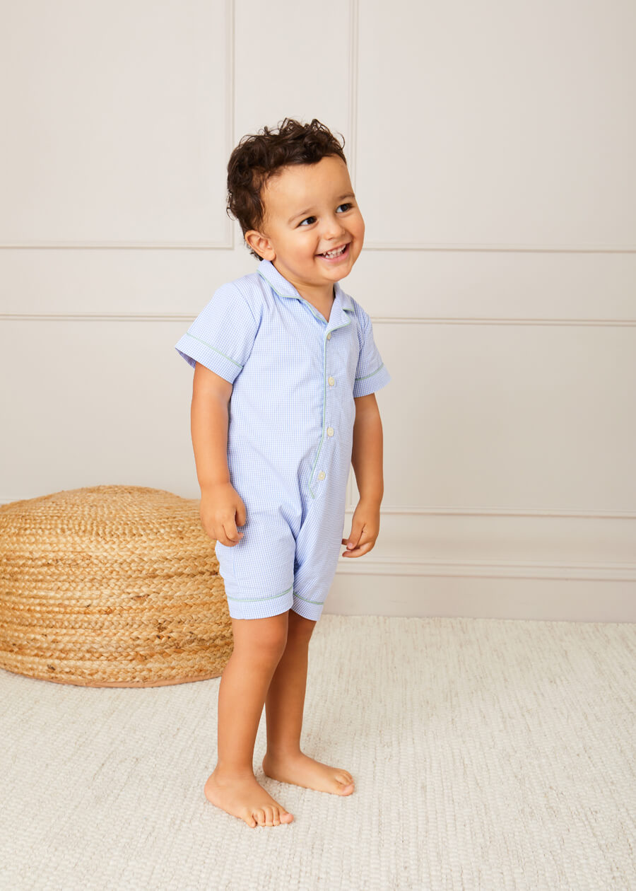 Gingham Contrast Piping Short Sleeve All-In-One in Blue (12mths-2yrs) Nightwear  from Pepa London