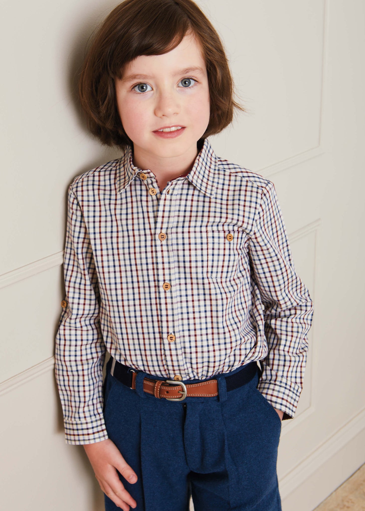 Checked Polo Collar Long Sleeve Shirt In Beige (4-10yrs) SHIRTS  from Pepa London