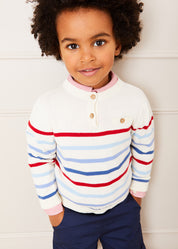 Striped Crewneck Button Detail Jumper in Red (12mths-10yrs) Knitwear  from Pepa London