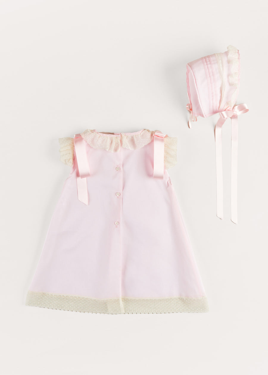 Bespoke Organic Cotton Christening Dress and Bonnet in Light Pink Made to order  from Pepa London