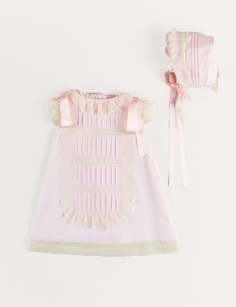 Bespoke Organic Cotton Christening Dress and Bonnet in Light Pink Made to order  from Pepa London