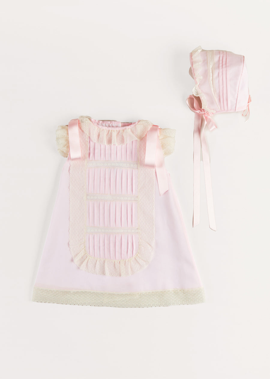 Bespoke Organic Cotton Christening Dress and Bonnet in Light Pink Made to order  from Pepa London