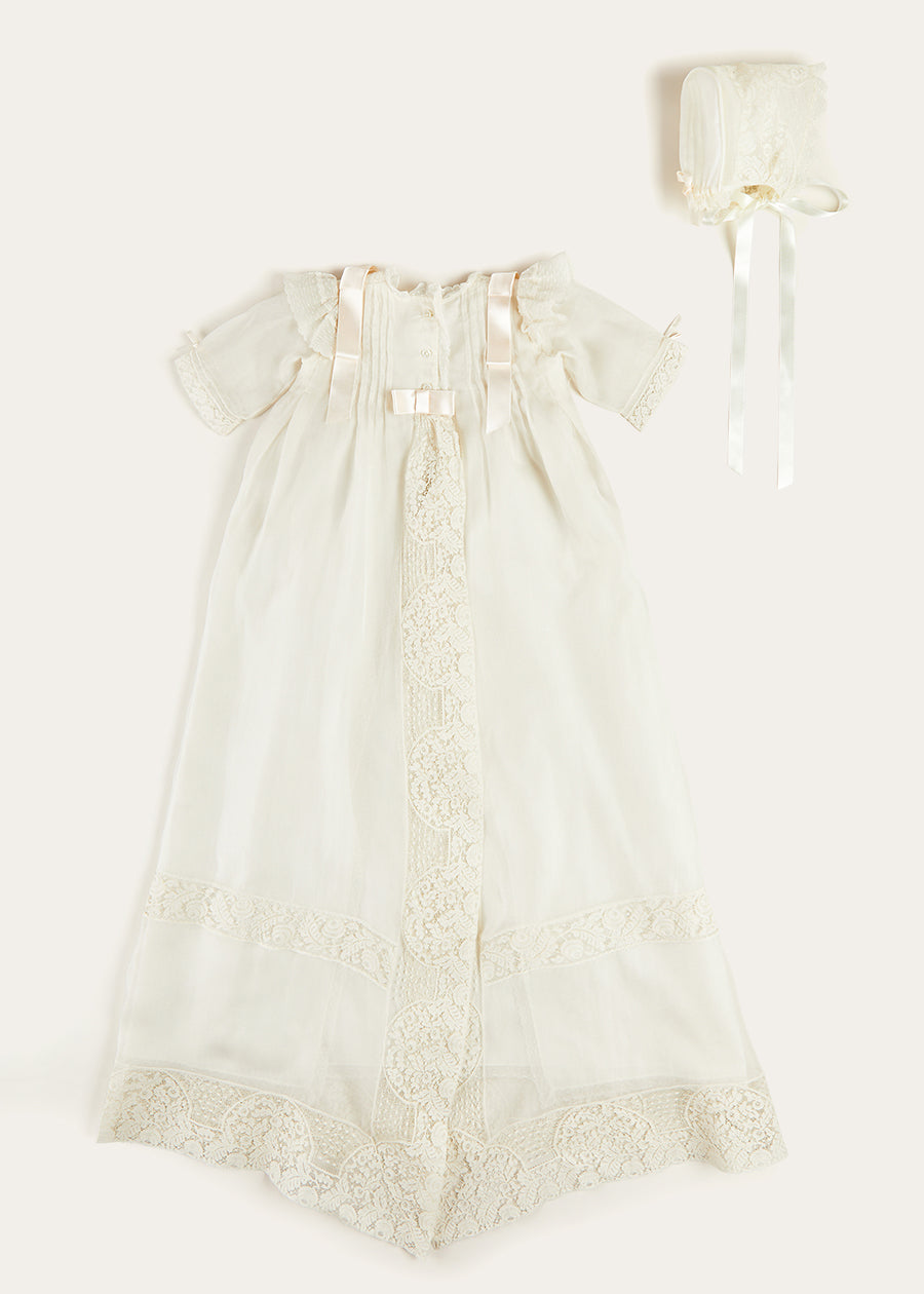 Bespoke Organza Silk Christening Gown With Antique Lace and Bonnet Made to order  from Pepa London