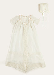 Bespoke Organza Silk Christening Gown With Antique Lace and Bonnet Made to order  from Pepa London