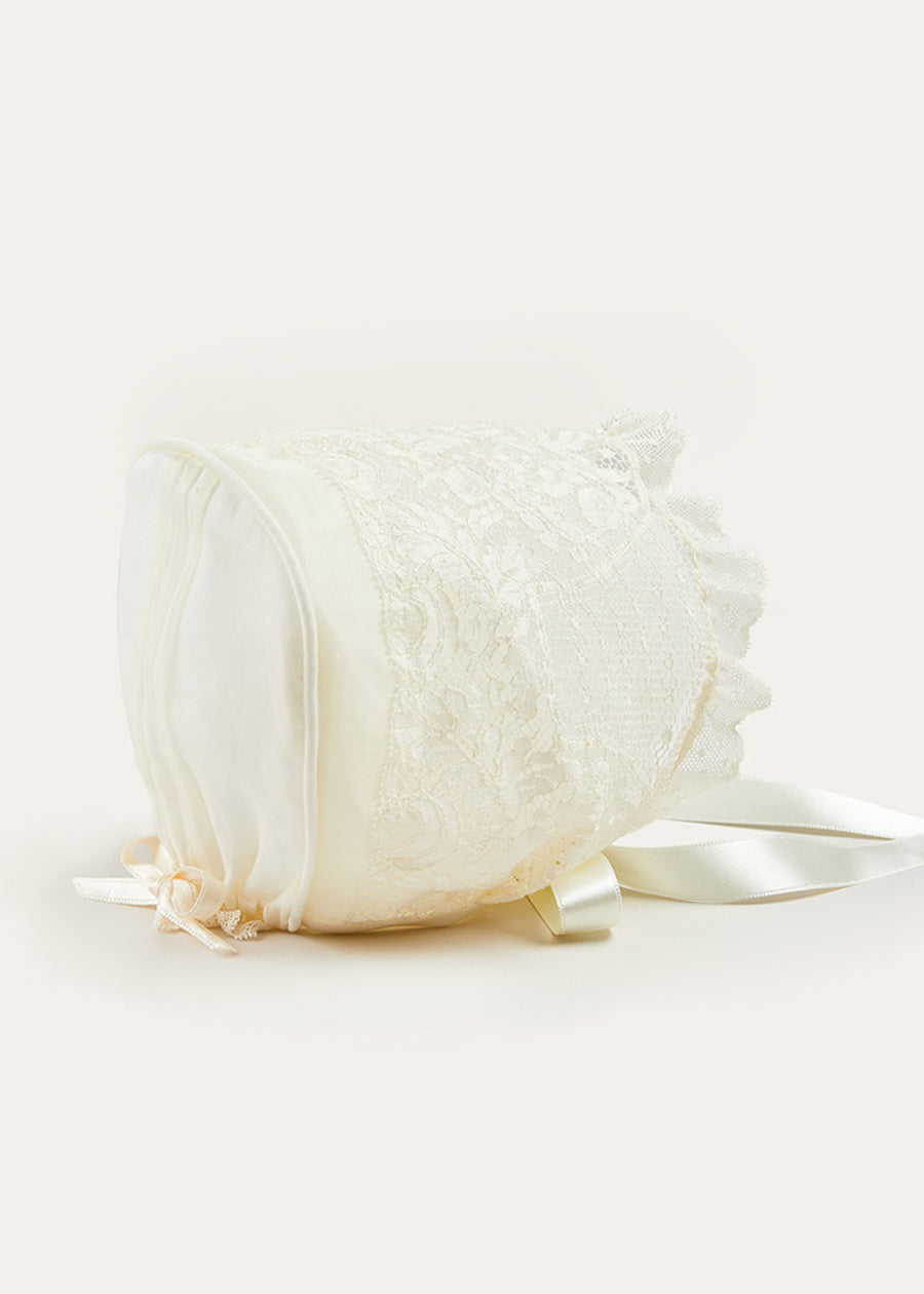 Bespoke Organza Silk Christening Gown With Antique Lace and Bonnet Made to order  from Pepa London