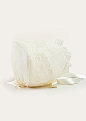 Bespoke Organza Silk Christening Gown With Antique Lace and Bonnet Made to order  from Pepa London